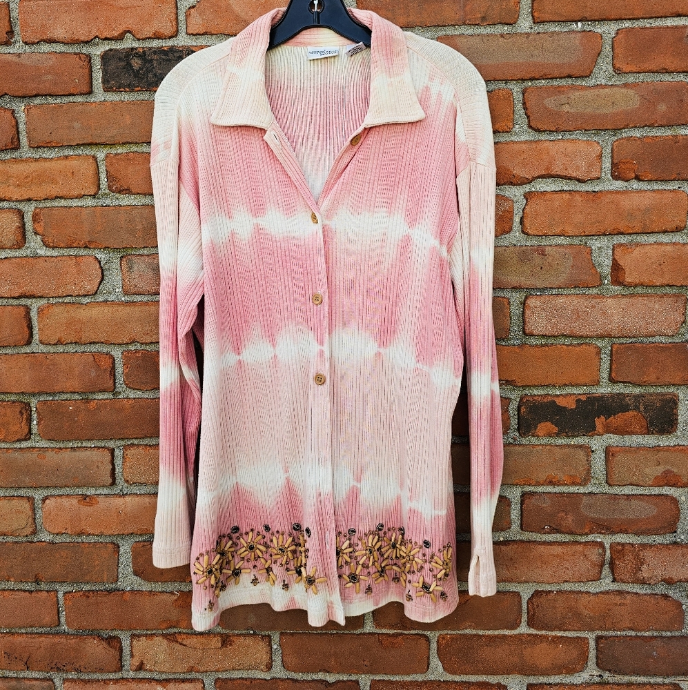 Vintage Newport News Pink Tie-Dye Beaded Embroidered Blouse. XL Fit